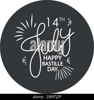 Happy Bastille day lettering design with decorative burst over white background, block silhouette style, vector illustration Stock Vector