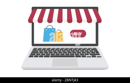 Online store shopping concept. Laptop with shopping bags. E-commerce vector design. Stock Vector