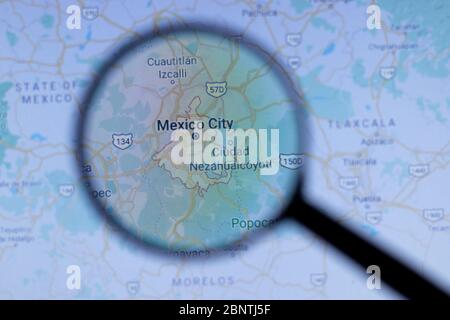 Los Angeles, California, USA - 1 May 2020: Mexico City Town name with location on map close up, Illustrative Editorial Stock Photo