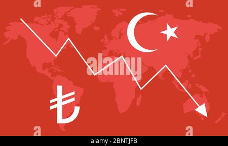 Turkish Lira Exchange currency rate fall. Turkey currency, finance and economy element. Stock Vector