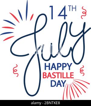Happy Bastille day lettering design with decorative burst over white background, flat style, vector illustration Stock Vector