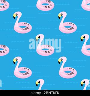 Inflatable Pink Flamingo Toy Seamless Pattern on Blue. Swimming Pool Ring for Kids. Rubber Tropical Bird Shape Stock Vector