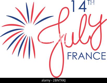 Bastille day concept, 14th July france lettering design and fireworks over white background, flat style, vector illustration Stock Vector