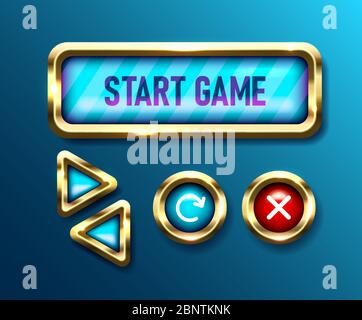 Realistic game buttons set on blue background. Mobile gui designs. User interface navigation knobs, vector illustrations Stock Vector