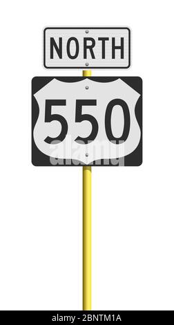 Vector illustration of the Route 550 (Million Dollar Highway, Colorado) and North road signs on metallic yellow pole Stock Vector
