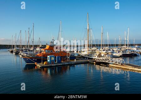 Holyhead Severn class lifeboat moored up in the marina at Holyhead on Anglesey Stock Photo