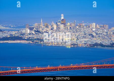 Sunset Golden Gate bridge Viewpoint with beautiful cityscape San Francisco skylines North California USA West Coast of Pacific Ocean, United States La Stock Photo