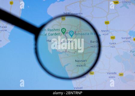 Los Angeles, California, USA - 1 May 2020: Surat City Town name with location on map close up, Illustrative Editorial Stock Photo