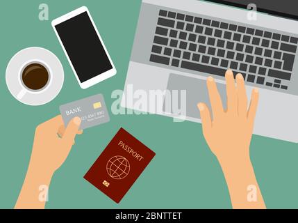 Flat design illustration of hands holding a credit card. Laptop and passport on table with cup of coffee and smartphone - vector Stock Vector