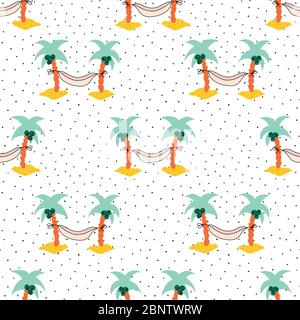 Hammock between coconut palm trees repeating vector background. Seamless summer pattern.  Stock Vector