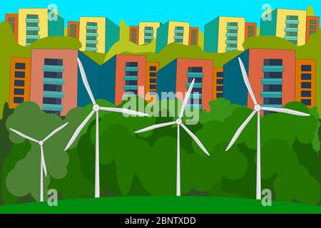 Wind power plant and city. Wind turbines. Renewable energy for ecology and environment conservation concept. World environment day.Vector illustration Stock Vector
