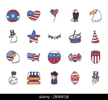 fill style icon set design, Independence day usa united states and national theme Vector illustration Stock Vector