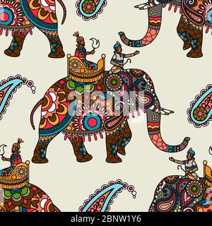 Indian maharadjah on the elephant colored seamless background. Vector illustration Stock Vector