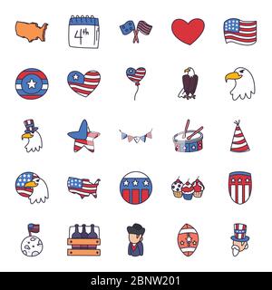 fill style icon set design, Independence day usa united states and national theme Vector illustration Stock Vector