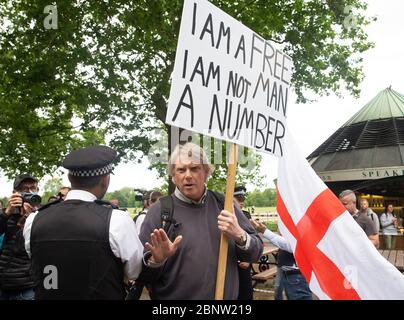 London, UK. 16th May, 2020. Demonstrators opposed to the Coronavirus Lockdown hold a mass rally in Hyde Park. Similar rallies are being held across the UK. Credit: Tommy London/Alamy Live News Stock Photo