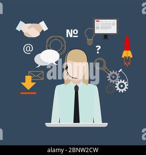 Call center with girl flat style banner. Vector illustration Stock Vector