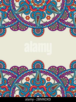 Ornate bright colored Indian paisley boho mandalas frame. Vector illustration Stock Vector