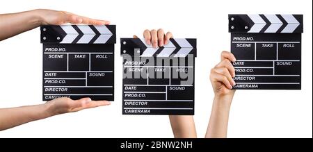 Set of film clapper boards and human hands isolated on white background Stock Photo