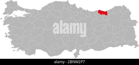 Trabzon province marked red color on turkey map vector. Gray background. Stock Vector