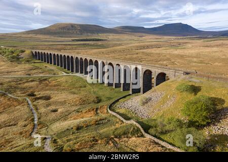 Aerial of The Ribblehead Viaduct a Grade II listed structure, the Viaduct runs the Settle to Carlisle railway route in North Yorkshire, England.