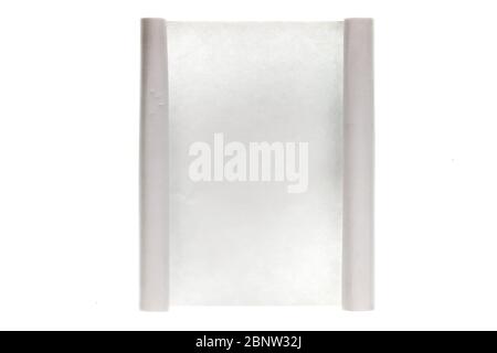 Empty paper sheet with curled edges. Isolated on white. View from above. Empty space for text Stock Photo
