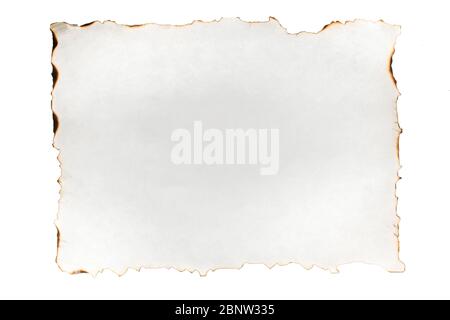 Empty paper sheet with charred edges. Isolated on white. View from above. Empty space for text Stock Photo