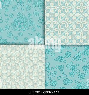Blue and white sakura pattern set. Vector illustration Stock Vector