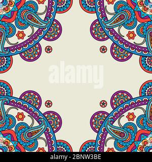 Paisley mandalas hand drawn colored frame. Vector illustration Stock Vector