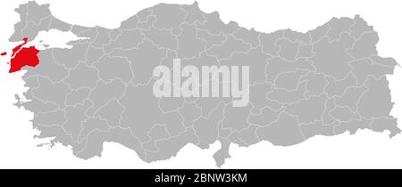 Canakkale province marked red color on turkey map vector. Gray background. Stock Vector