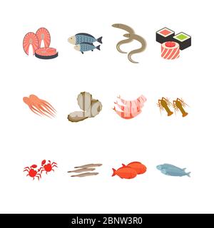 Seafood icon set isolated on white. Vector illustration Stock Vector