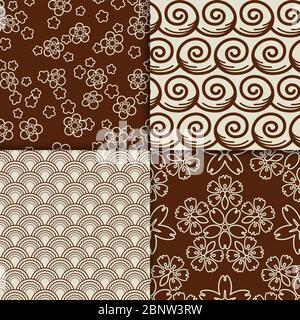 Brown and white sakura flowers pattern set. Vector illustration Stock Vector