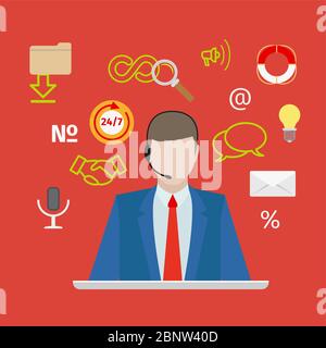 Call center or support with man flat style orange background. Vector illustration Stock Vector