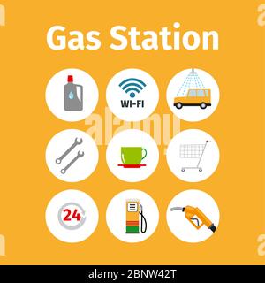 Gas station icons in circle set. Vector illustration Stock Vector