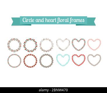 Colorful circle and heart floral frames. Vector illustration Stock Vector