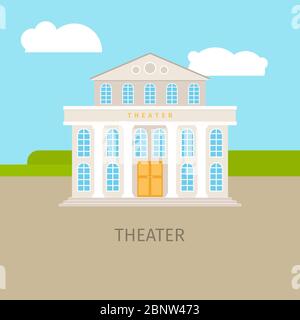 Colored urban theater building with sky and clouds. Vector illustration Stock Vector