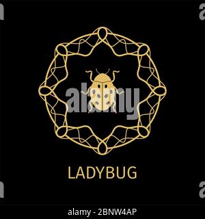 Label with ladybug in calligraphy framework on dark background. Vector illustration Stock Vector