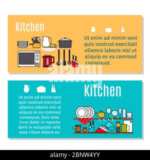 Kitchen horizontal flyers in cartoon style. Vector illustration Stock Vector