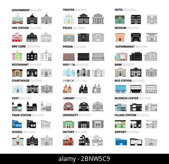 Buildings icons set in cartoon, silhouettes and outlines. Vector illustration Stock Vector