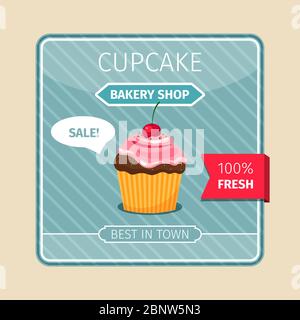 Cute card brown cupcake with cherry, vector illustration Stock Vector