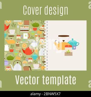 Cover design for print with teapots and cups pattern. Vector illustration Stock Vector