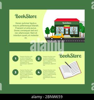 Book store horizontal flyers with shop building and landscape, vector illustration Stock Vector