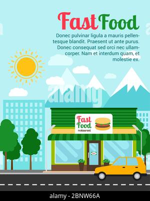 Fast food restaurant advertising banner with shop building and landscape. Vector illustration Stock Vector