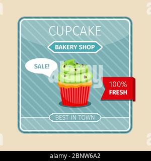 Cute card green cupcake with chocolate hearts, vector illustration Stock Vector