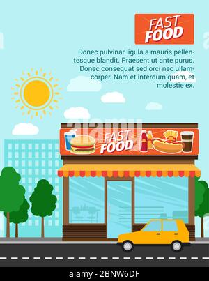 Fast food advertising banner with shop building and landscape. Vector illustration Stock Vector