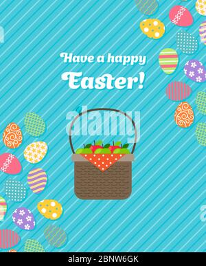Happy Easter vertical blue greeting card template with basket. Vector illustration Stock Vector