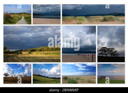 Beautiful collage of different sunny summer autumn pictures of British landscapes. Fields, trees, sea, hillside, forest, dramatic blue cloudy sky and light while weather changing. Stock Photo