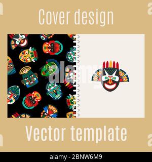 Cover design for print with tribal mask pattern, vector illustration Stock Vector