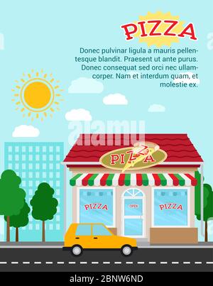 Pizza advertising banner with shop building and landscape, vector illustration Stock Vector
