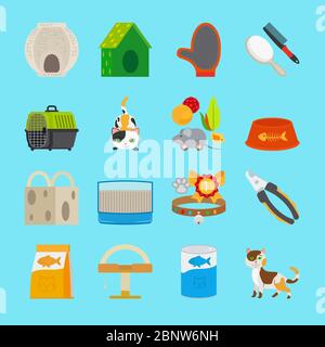 Cat icons. Pet cat toys and food signs vector illustration Stock Vector