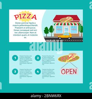 Pizza house horizontal flyers with shop building and landscape, vector illustration Stock Vector
